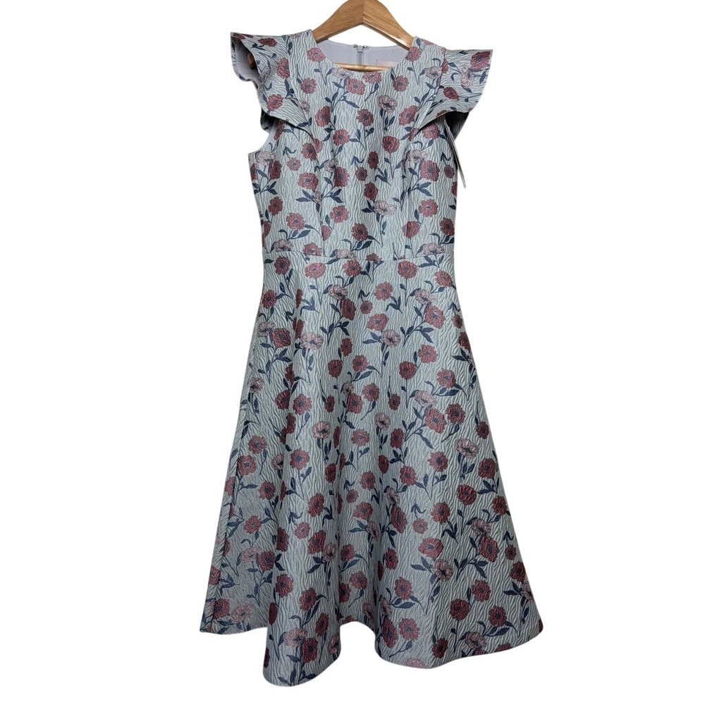 Gal Meets Glam Collection Metallic Floral Jacquard Ruffle Dress Blue Pink Size 0